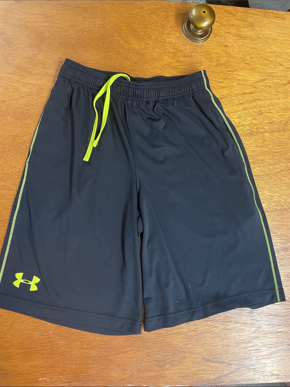 Under Armour Men’s Black Athletic Shorts with White Drawstring and Lime Accent